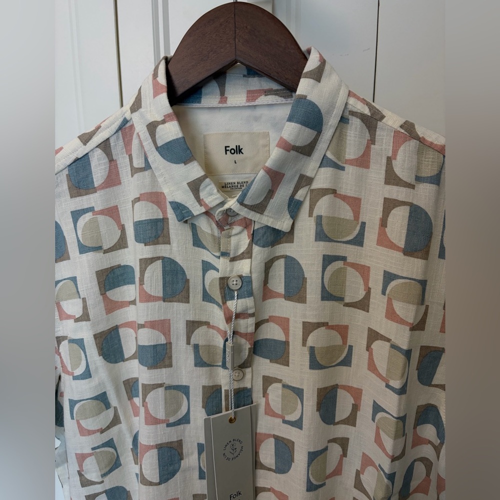 Folk Linen blend - Men's Abstract Pattern Shirt - Blue, Pink, Tan